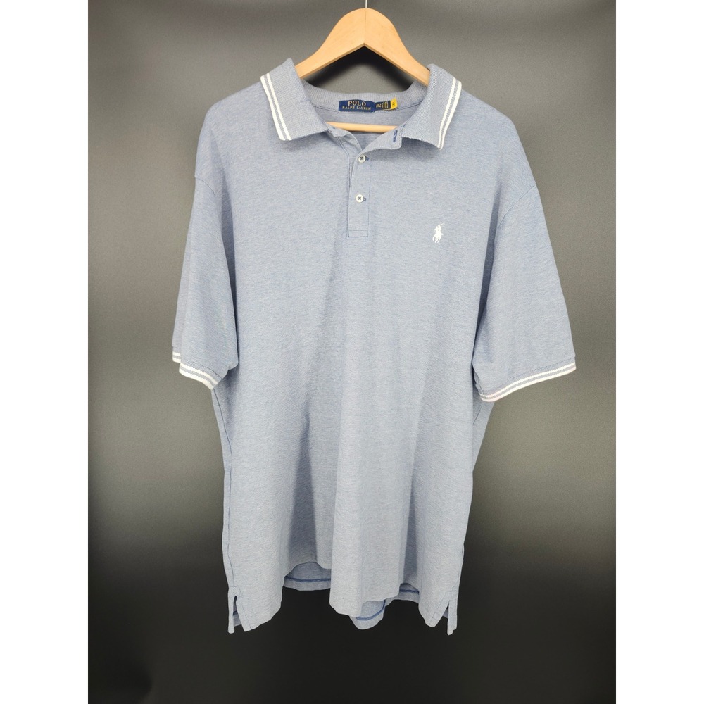 Polo Ralph Lauren Mens 2XLT Blue Heather Pique Polo Shirt White Stripe Trim